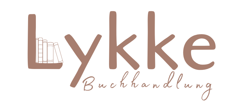Schriftzug-Logo der Buchhandlung Lykke in Schwarz auf weißem Hintergrund. Der Buchstabe L ist als Bücherregal gestaltet, auf dem vier Bücher stehen. Darunter steht in geschwungener Schreibschrift das Wort Buchhandlung.