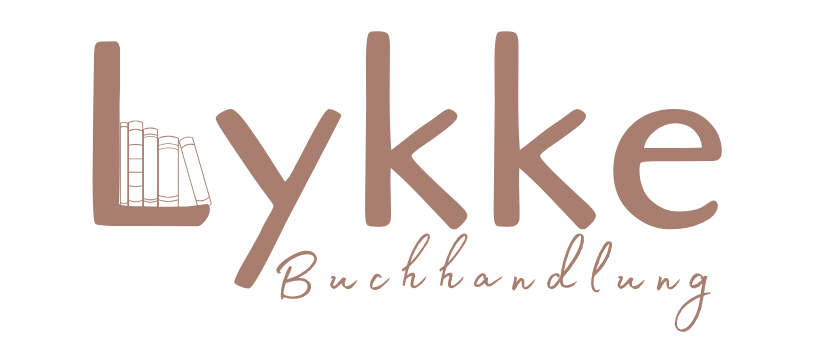 Schriftzug-Logo der Buchhandlung Lykke in Schwarz auf weißem Hintergrund. Der Buchstabe L ist als Bücherregal gestaltet, auf dem vier Bücher stehen. Darunter steht in geschwungener Schreibschrift das Wort Buchhandlung.