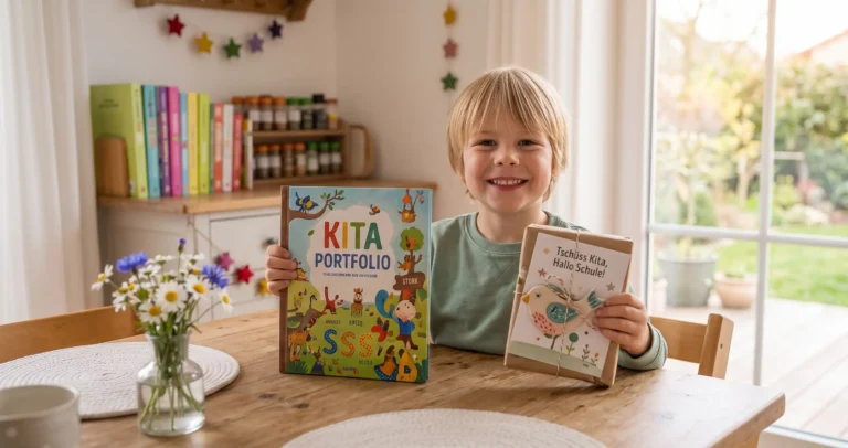 Ein fröhlicher, blonder Junge sitzt an einem hellen Holztisch und blickt stolz lächelnd in die Kamera. In der einen Hand hält er ein bunt gestaltetes Buch mit der Aufschrift „Kita Portfolio“, in der anderen ein hübsch verpacktes Geschenk mit einem Vogel-Anhänger und dem Spruch „Tschüss Kita, Hallo Schule!“. Im Hintergrund stehen Wiesenblumen auf dem Tisch sowie ein Bücherregal vor der Terrasse.