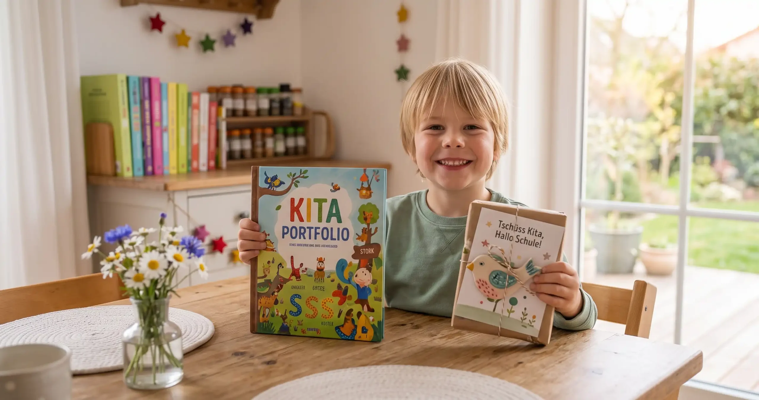Ein fröhlicher, blonder Junge sitzt an einem hellen Holztisch und blickt stolz lächelnd in die Kamera. In der einen Hand hält er ein bunt gestaltetes Buch mit der Aufschrift „Kita Portfolio“, in der anderen ein hübsch verpacktes Geschenk mit einem Vogel-Anhänger und dem Spruch „Tschüss Kita, Hallo Schule!“. Im Hintergrund stehen Wiesenblumen auf dem Tisch sowie ein Bücherregal vor der Terrasse.
