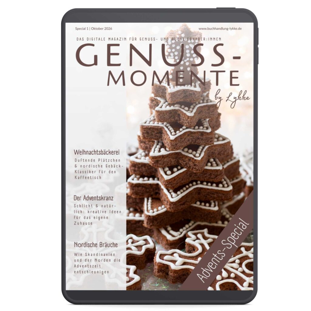 Magazin-Cover des Advents-Specials von „Genuss-Momente by Lykke“ auf einem Tablet. Es zeigt einen gestapelten Tannenbaum aus Lebkuchen-Sternen mit weißer Glasur.