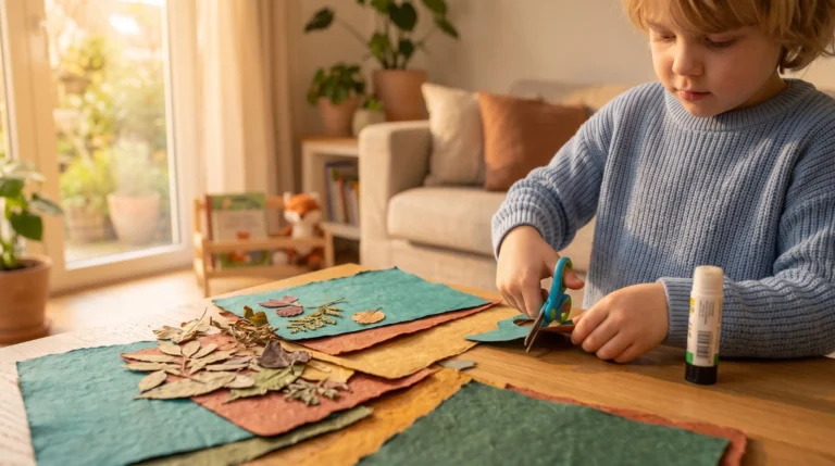 Blonder Junge schneidet vertieft mit einer Kinderschere buntes Papier für Natur-Bastelarbeiten an einem Holztisch.