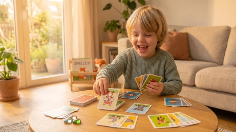 Lachender blonder Junge legt beim gemeinsamen Kartenspiel am niedrigen Holztisch eine Spielkarte mit Fuchs-Motiv ab.
