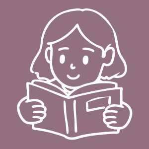 Quadratisches Grafik-Icon auf altrosafarbenem Hintergrund. Die weiße, freundliche Strichzeichnung zeigt ein junges Mädchen mit Schulterlänge, das ein Buch weit aufgeschlagen vor sich hält und neugierig hineinblickt.