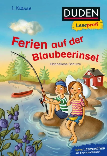 Buchcover „Ferien auf der Blaubeerinsel“ von Hanneliese Schulze aus der Reihe „Duden Leseprofi“ (1. Klasse).