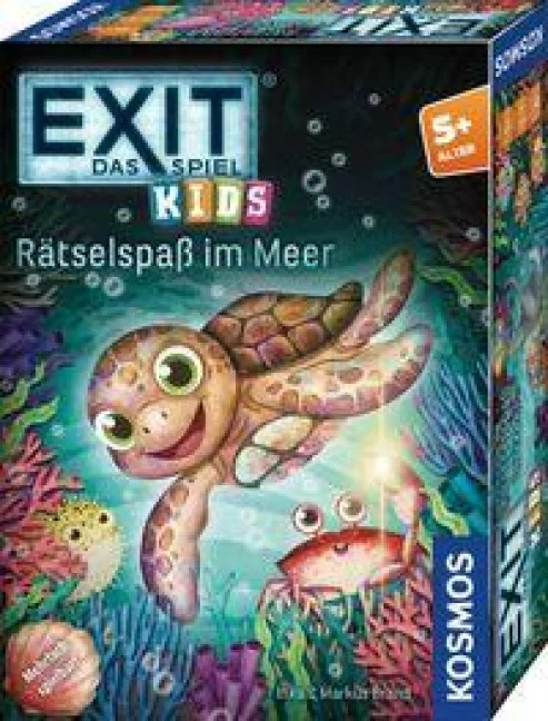 Spieleverpackung „EXIT – Das Spiel – Kids: Rätselspaß im Meer“ mit Meeresschildkröte und Krabbe für Kinder ab 5 Jahren.