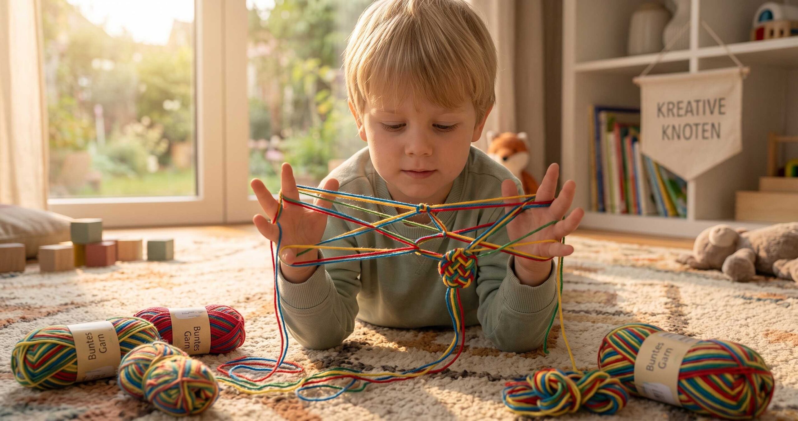 Blonder Junge liegt auf dem Teppich und macht ein buntes Fadenspiel zwischen seinen Fingern, umgeben von Wollknäueln.