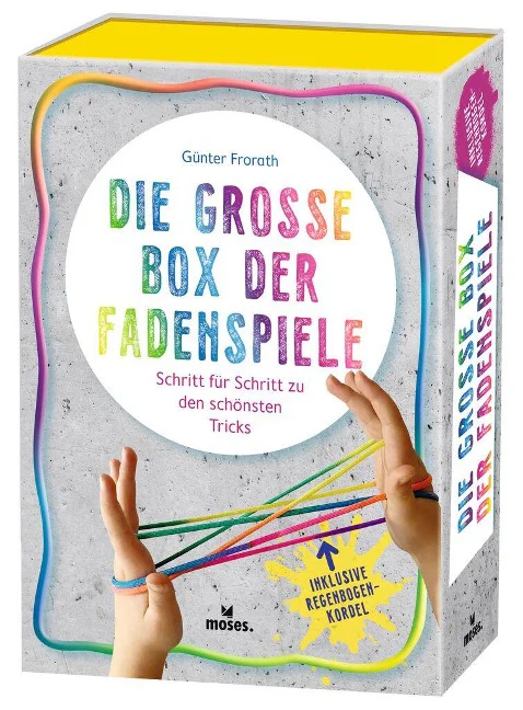 Produktverpackung „Die große Box der Fadenspiele“ von Günter Frorath aus dem moses. Verlag inklusive Regenbogen-Kordel.