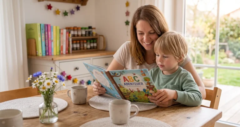 Gemütliche häusliche Szene: Eine Mutter sitzt mit ihrem kleinen Sohn an einem hellen Holztisch vor dem Terrassenfenster. Sie halten gemeinsam das geöffnete Buch „ABC Abenteuer“ in den Händen und blicken lächelnd hinein. Auf dem Tisch stehen zwei Kaffeetassen und eine kleine Vase mit Wiesenblumen, im Hintergrund befindet sich eine Kommode mit bunten Kinderbüchern.