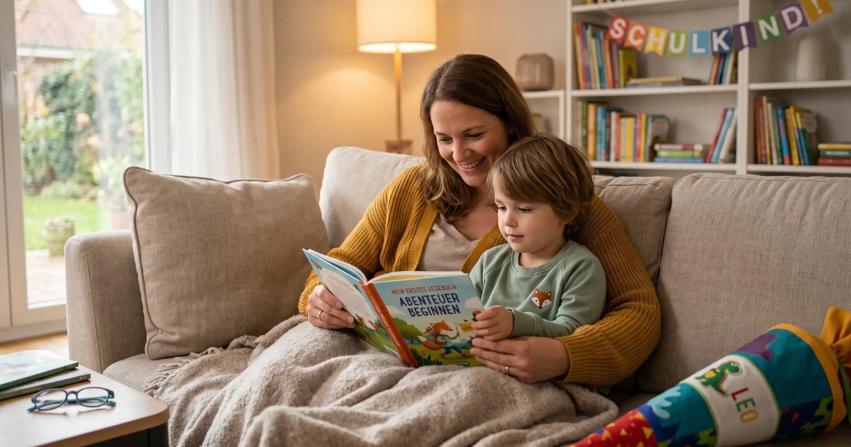 Gemütliche Szene im Wohnzimmer: Eine lächelnde Mutter in gelber Strickjacke sitzt mit ihrem kleinen Sohn unter einer Kuscheldecke auf dem Sofa. Gemeinsam schauen sie in ein aufgeschlagenes Kinderbuch mit dem Titel „Mein erstes Lesebuch: Abenteuer beginnen“. Auf dem Sofa liegt eine Schultüte mit dem Namen „Leo“, im Hintergrund ist ein Bücherregal mit einer bunten „Schulkind!“-Girlande zu sehen.