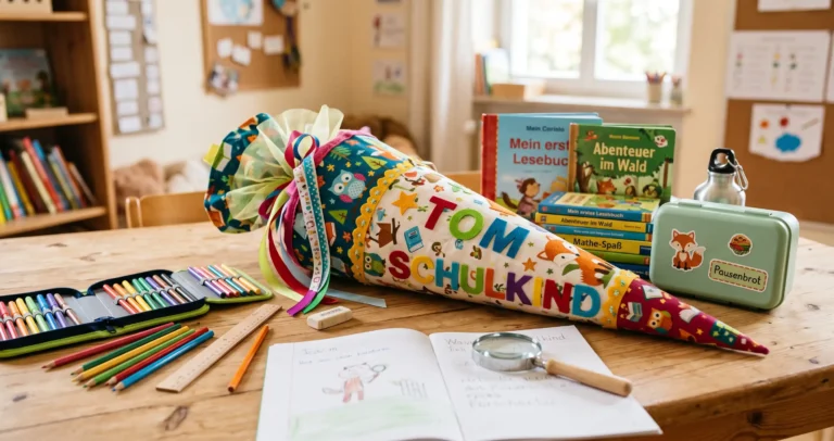 Gemütliches Arrangement zum Schulstart auf einem hellem Holztisch: Im Zentrum liegt eine aufwendig genähte Stoff-Schultüte mit Eulen- und Fuchsmotiven sowie bunter Aufschrift „Tom Schulkind“. Drumherum liegen ein geöffnetes Federmäppchen voller Buntstifte, ein Heft mit Lupe, Stapel von Kinderbüchern („Mein erstes Lesebuch“), eine grüne Pausenbrotdose mit Fuchs-Sticker und eine Trinkflasche im warm ausgeleuchteten Kinderzimmer.