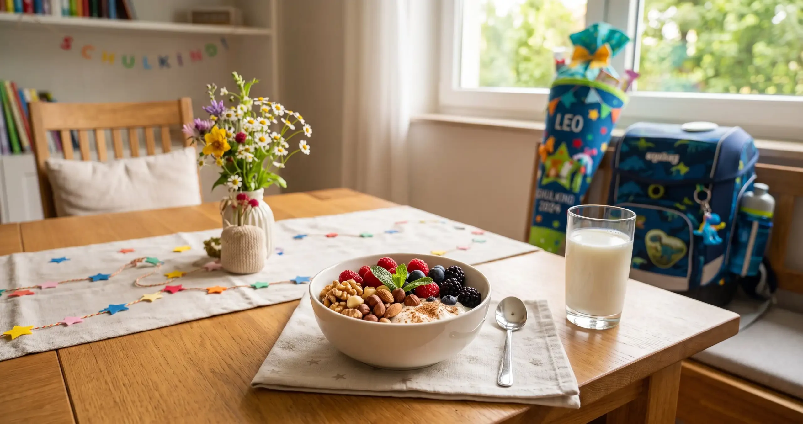 Ein gesundes Einschulungs-Frühstück auf einem Esstisch aus Holz: Im Vordergrund steht eine weiße Schüssel mit Joghurt, Walnüssen, Mandeln, Himbeeren, Heidelbeeren und Brombeeren, daneben ein Löffel und ein Glas Milch. Im Hintergrund stehen am Fenster eine blaue Schultüte mit der Aufschrift „Leo“ und ein passender Ergobag-Schulranzen.