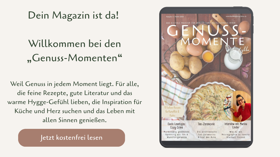 Produktanzeige für das digitale Magazin „Genuss-Momente by Lykke“ auf einem Tablet. Links steht der Einladungstext „Dein Magazin ist da! Willkommen bei den Genuss-Momenten“ sowie der Button „Jetzt kostenfrei lesen“.