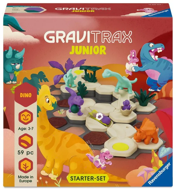 Produktverpackung „GraviTrax Junior Starter-Set Dino“ von Ravensburger für Kinder von 3–7 Jahren (59 Teile).