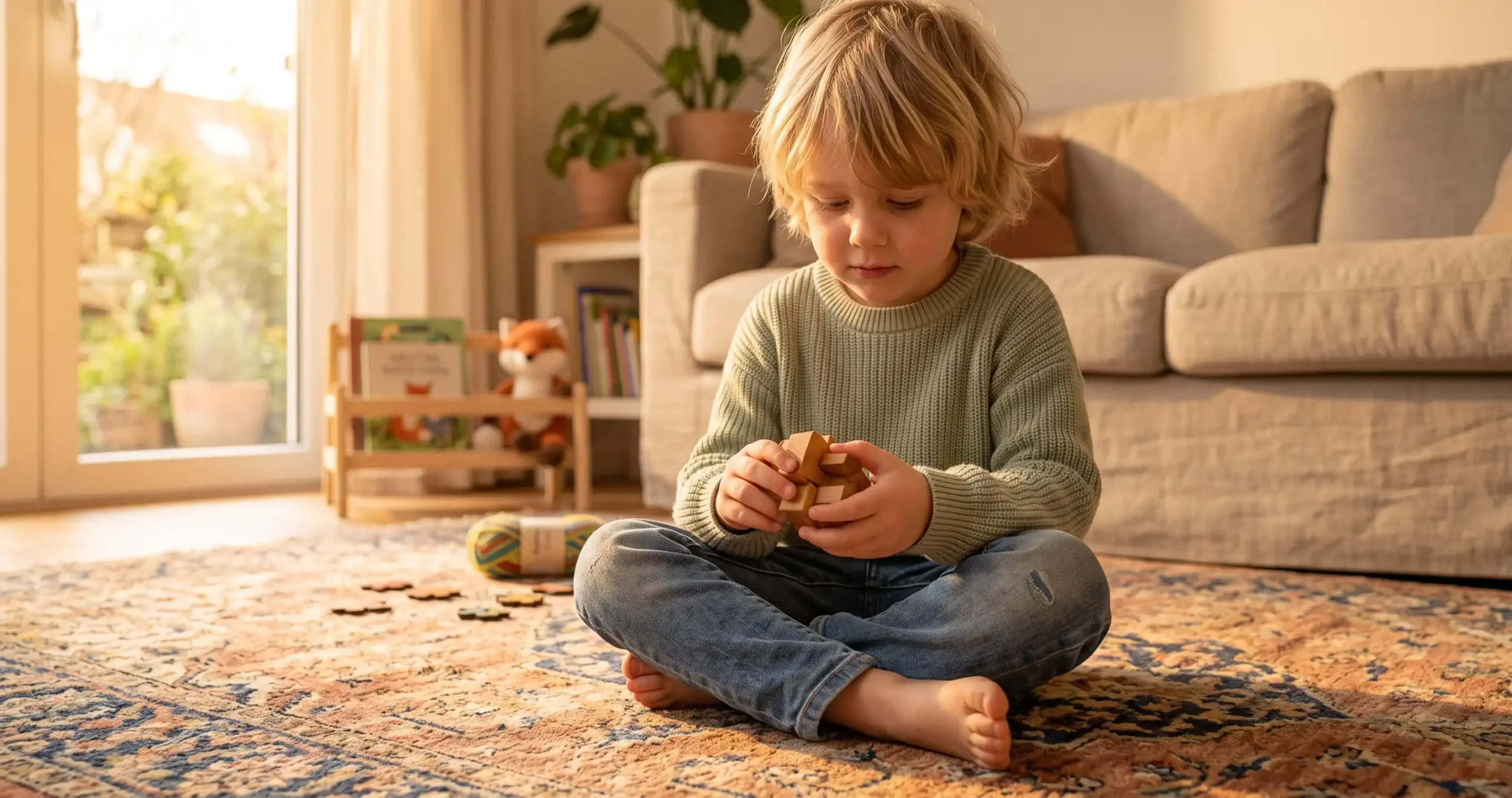 Blonder Junge sitzt barfuß im Schneidersitz auf dem Teppich und rätselt vertieft an einem haptischen 3D-Holzpuzzle.