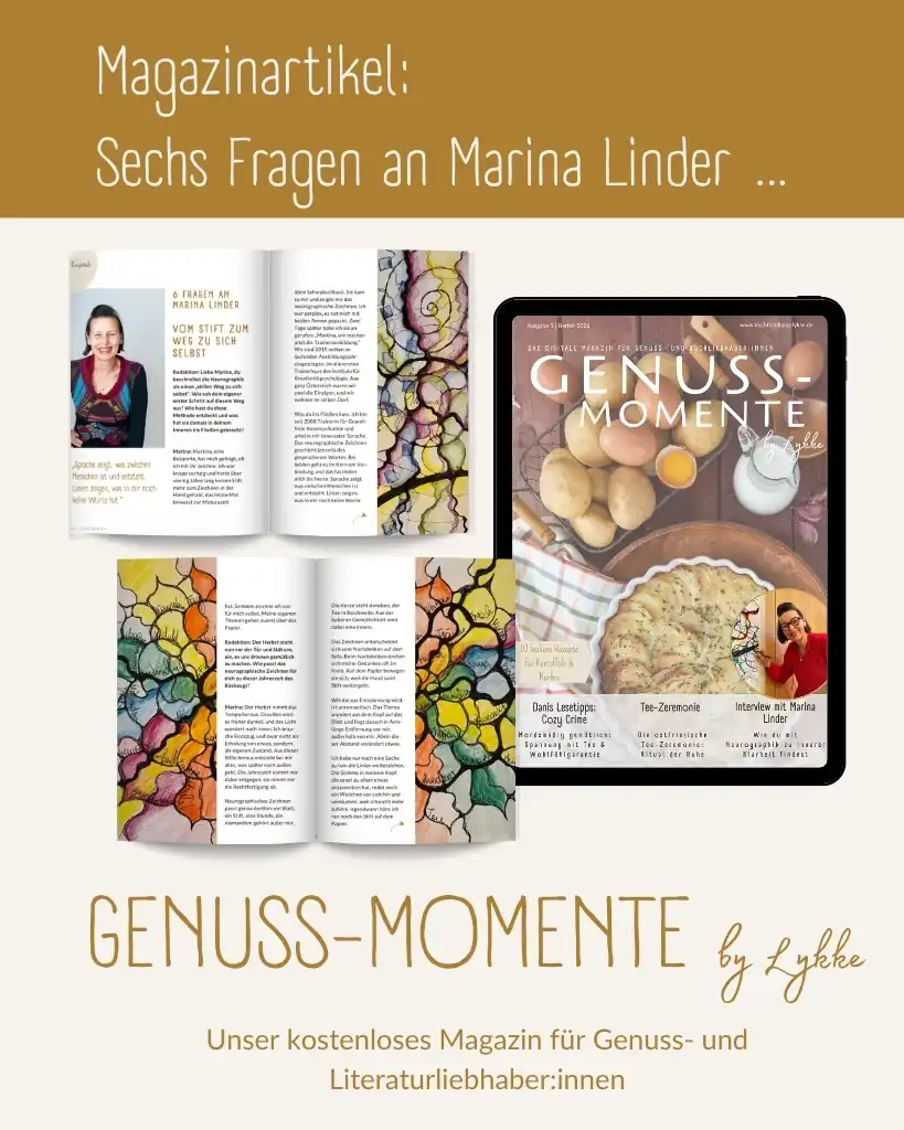 Werbegrafik für den Magazinartikel „Sechs Fragen an Marina Linder“ im kostenlosen Magazin „Genuss-Momente by Lykke“.