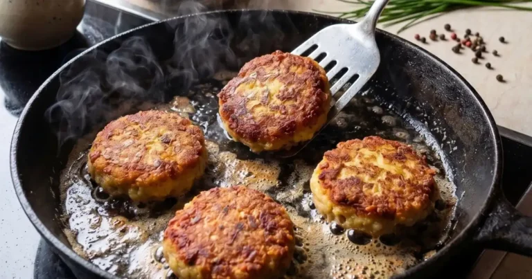 Kartoffelpflanzerl werden in einer gusseisernen Pfanne auf dem Herd goldbraun gebraten.