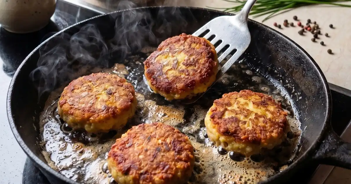 Kartoffelpflanzerl werden in einer gusseisernen Pfanne auf dem Herd goldbraun gebraten.