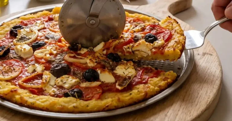 Querformat-Nahaufnahme einer Kartoffelpizza, die mit einem Pizzaschneider geschnitten und auf einem Heber angehoben wird.