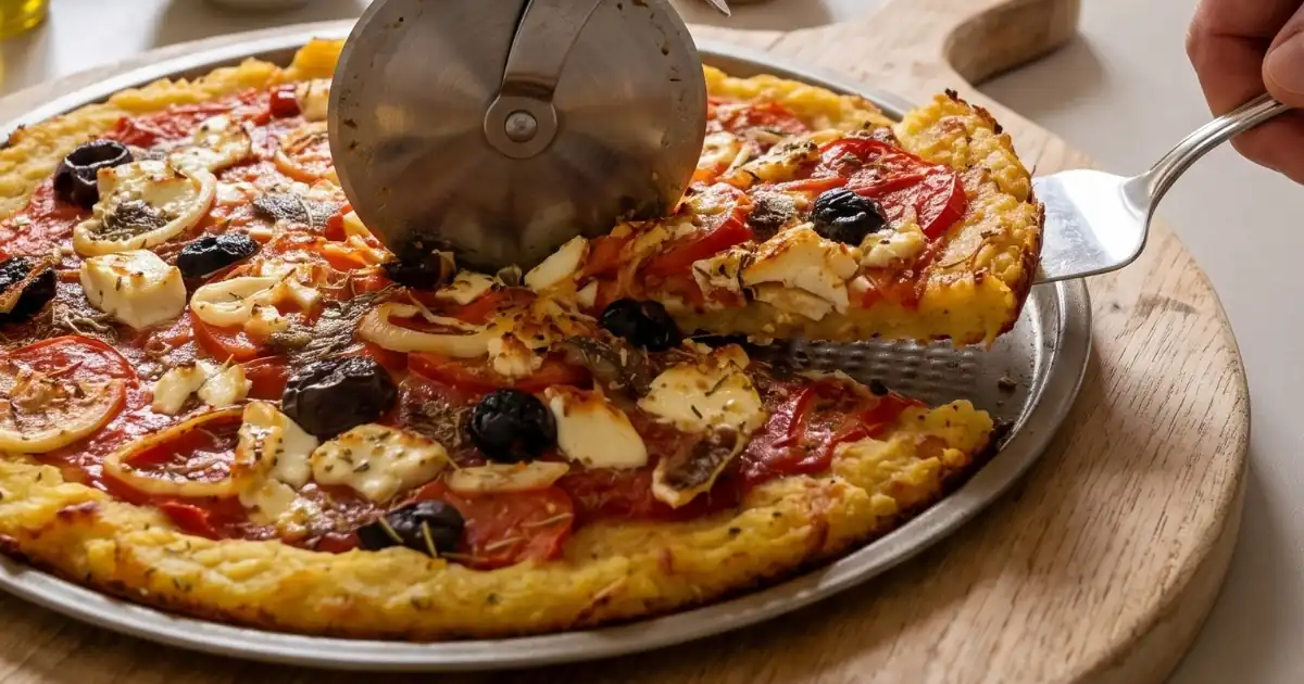 Querformat-Nahaufnahme einer Kartoffelpizza, die mit einem Pizzaschneider geschnitten und auf einem Heber angehoben wird.