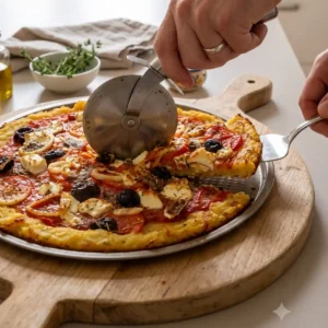 Eine knusprige Kartoffelpizza auf einem Blech wird mit einem Pizzaschneider geschnitten und serviert.