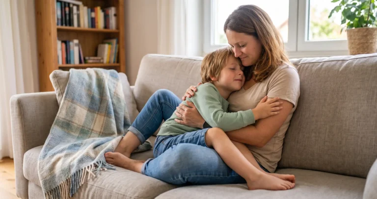Herzliche Familienszene auf einem hellgrauen Sofa: Eine Mutter hält ihren kleinen Sohn geborgen im Arm, während er sich vertrauensvoll an ihre Brust schmiegt und beide die Augen schließen. Auf der Couchlehne liegt eine blau-karierte Fransen-Kuscheldecke, im Hintergrund steht ein gefülltes Bücherregal.