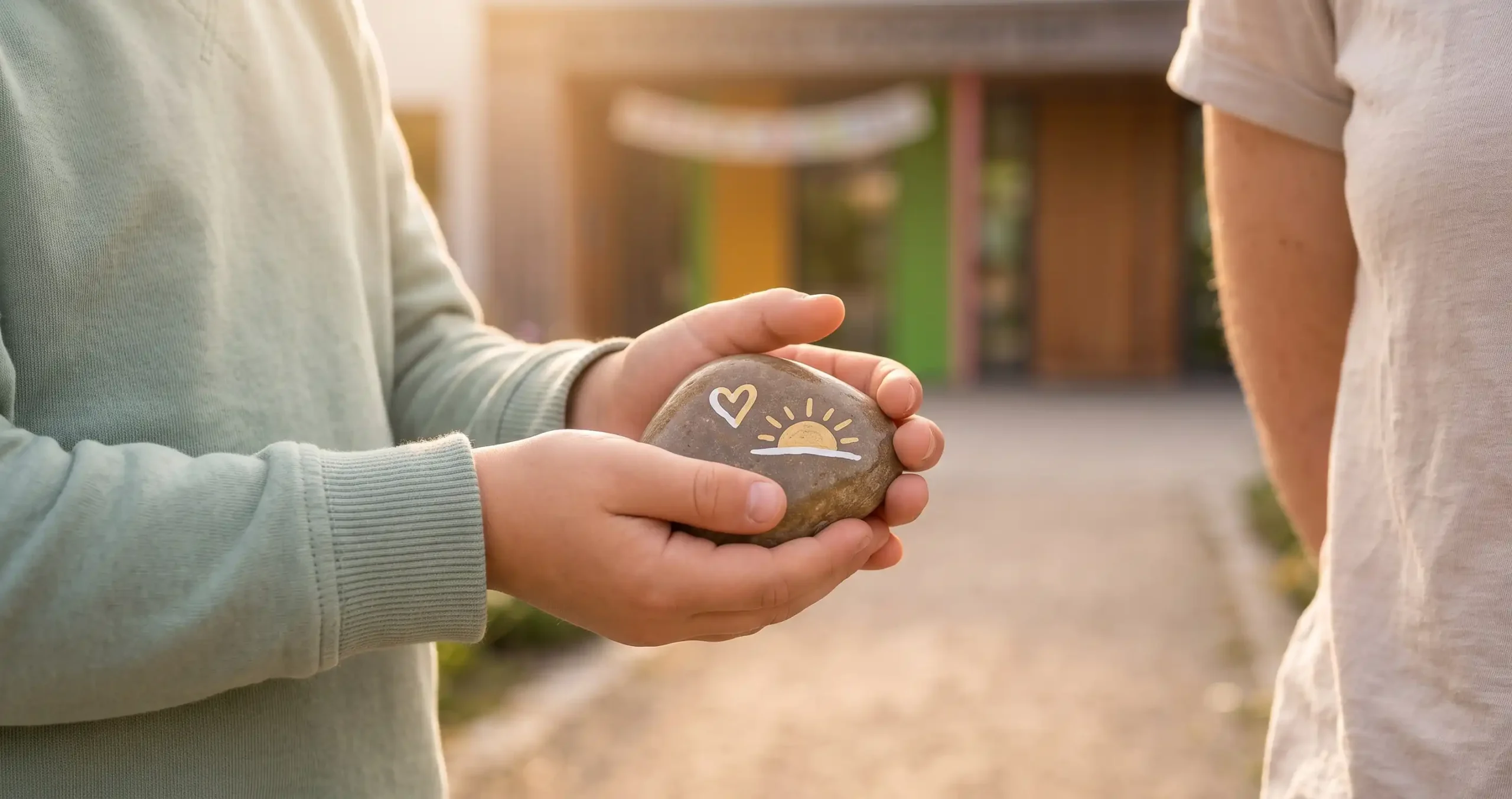 Kinderhände halten vor dem Schuleingang behutsam einen glatten Kieselstein mit aufgemaltem Herz und Sonnensymbol.