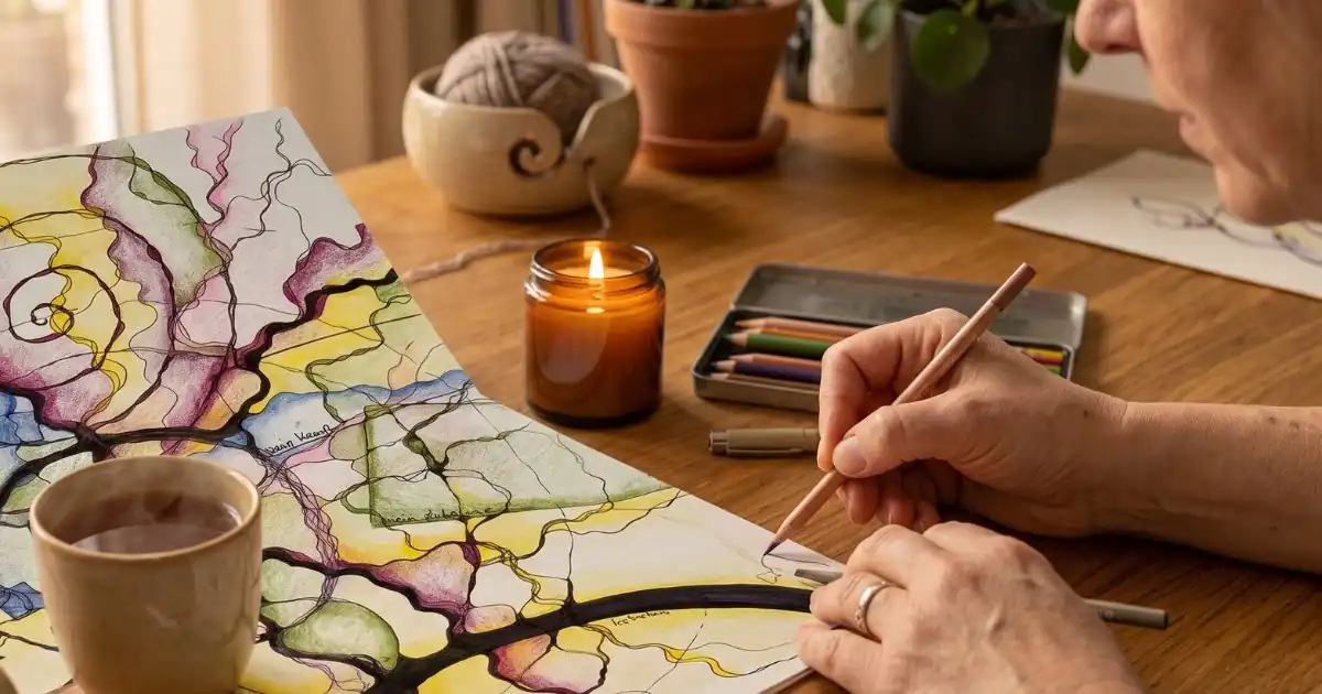 Eine Person zeichnet mit Buntstiften an einem gemütlichen Holztisch eine farbenfrohe Neurografik.