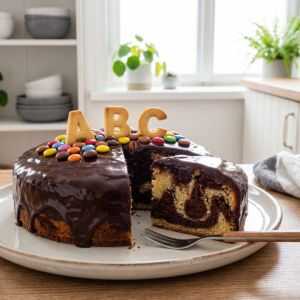 Angeschnittener Marmorkuchen auf einem großen hellen Teller. Der Kuchen ist mit glänzendem Schokoladenguss überzogen, mit bunten Schokoladenlinsen dekoriert und von Keks-Buchstaben „A B C“ gekrönt. Neben dem herausgeschnittenen Kuchenstück liegt eine kleine Kuchengabel auf einer Holzoberfläche vor einem hellen Fenstermotiv.