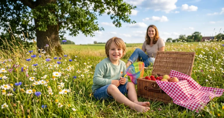 Sommerliche Picknickszene auf einer blühenden Wiese: Ein barfüßiger, lächelnder Junge sitzt im Vordergrund neben einem gefüllten Flechtkorb mit Erdbeeren, Äpfeln und rot-weiß kariertem Tuch. In der Hand hält er ein buntes Schmetterlingsnetz. Im unscharfen Hintergrund sitzt seine Mutter entspannt im Gras unter einem großen Laubbaum.