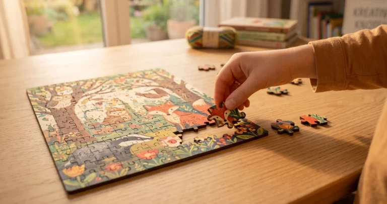 Kinderhand setzt ein passendes Puzzleteil mit Fuchs-Motiv in ein Holzpuzzle mit Waldtieren auf dem Tisch ein.