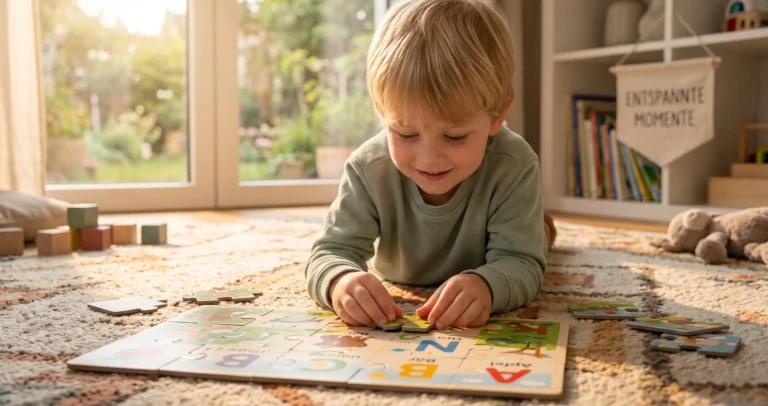 Blonder Junge liegt auf dem Teppich und setzt aufmerksam ein buntes ABC-Lernpuzzle zusammen.