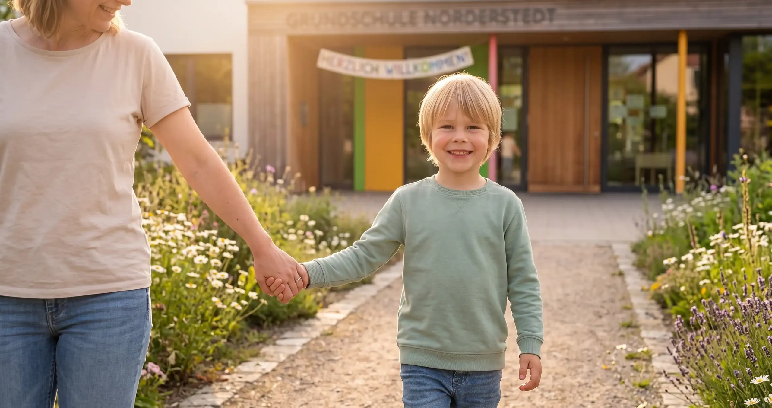 Ein strahlender, blonder Junge in einem hellgrünen Pullover geht an der Hand einer Frau über einen geschwungenen Steinweg. Im Hintergrund ist das moderne Gebäude der „Grundschule Norderstedt“ zu sehen, an dessen Eingang ein buntes Spruchband mit der Aufschrift „Herzlich Willkommen“ hängt.