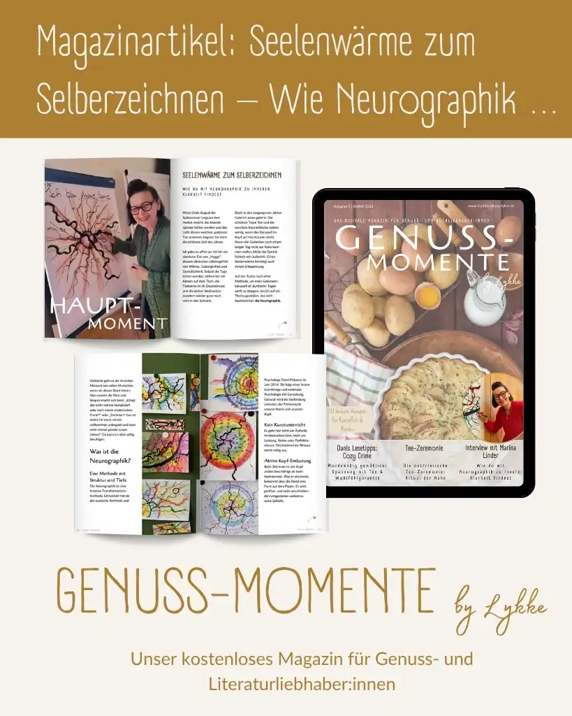 Werbegrafik für den Artikel „Seelenwärme zum Selberzeichnen – Wie Neurographik …“ im Magazin „Genuss-Momente by Lykke“.