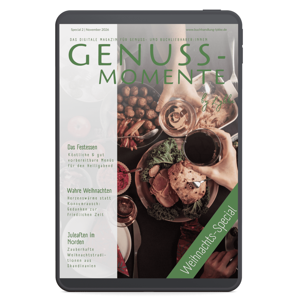 Magazin-Cover des Weihnachts-Specials von „Genuss-Momente by Lykke“ auf einem Tablet. Es zeigt eine festlich gedeckte Tafel mit Weihnachtsbraten, Beilagen und anstoßenden Gläsern.