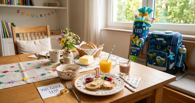 Ein liebevoll gestalteter Frühstückstisch auf Holztisch zum Schulstart: Ein Teller trägt die Aufschrift „Alles Gute zur Einschulung!“ sowie eine Kerze in Form der Zahl 1, Brot, Beeren und Marmelade. Daneben liegen eine Karte mit „Viel Glück Leo!“, Müsli, Orangensaft und Kakao. Im Hintergrund stehen am Fenster eine blaue Schultüte mit dem Namen „Leo“ und ein passender Ergobag-Schulranzen mit Saurier-Motiv.