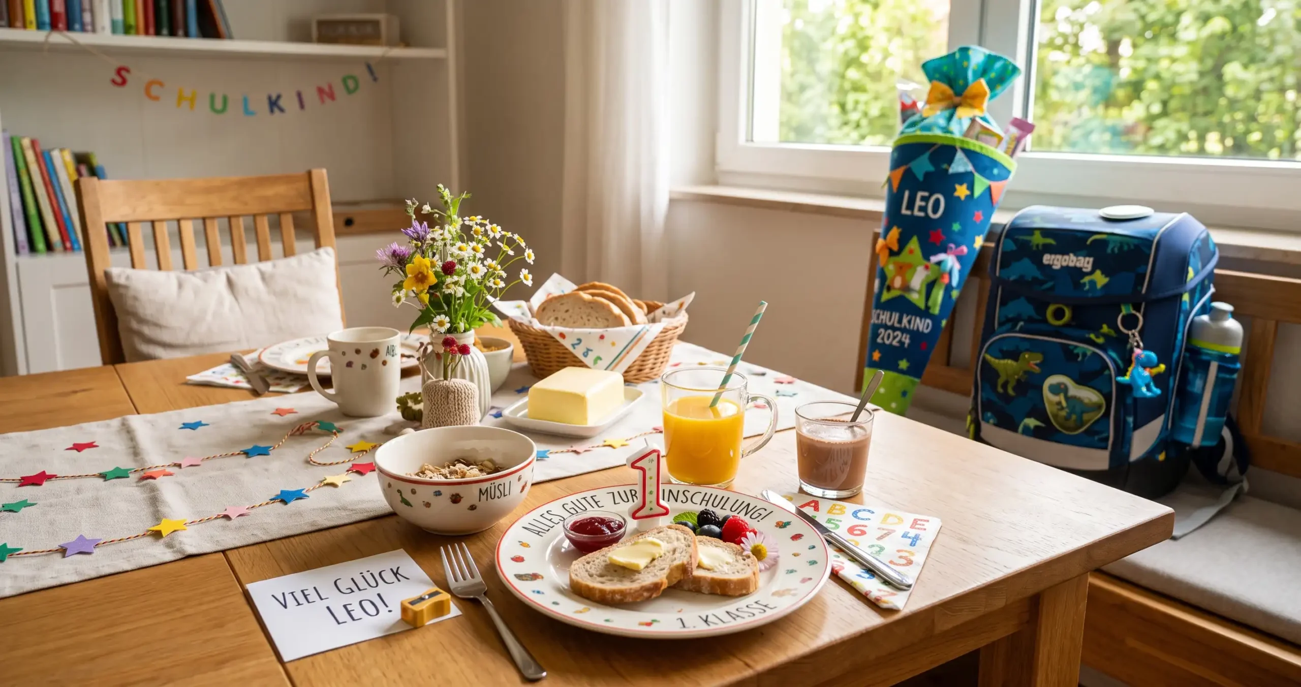 Ein liebevoll gestalteter Frühstückstisch auf Holztisch zum Schulstart: Ein Teller trägt die Aufschrift „Alles Gute zur Einschulung!“ sowie eine Kerze in Form der Zahl 1, Brot, Beeren und Marmelade. Daneben liegen eine Karte mit „Viel Glück Leo!“, Müsli, Orangensaft und Kakao. Im Hintergrund stehen am Fenster eine blaue Schultüte mit dem Namen „Leo“ und ein passender Ergobag-Schulranzen mit Saurier-Motiv.