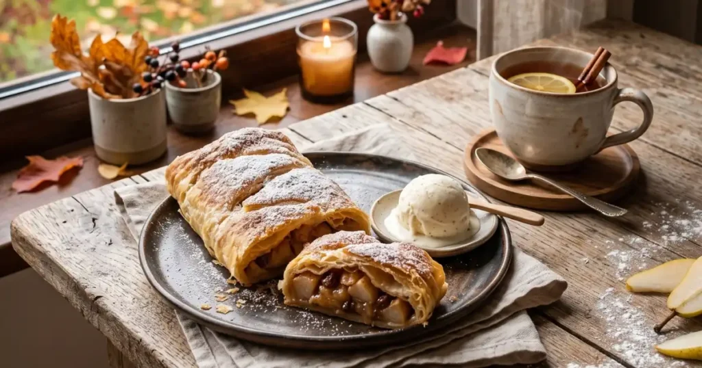 Eine gemütliche Aufnahme im breiten Banner-Format: Auf einem dunklen Teller liegt ein mit Puderzucker bestreuter Birnenstrudel samt einer abgeschnittenen Scheibe, die die Füllung aus Birnenstücken und Rosinen zeigt, serviert mit einer Kugel Vanilleeis. Auf dem rustikalen Holztisch daneben steht eine dampfende Tasse Tee mit Zitronenscheibe und Zimtstange, während im Hintergrund auf der Fensterbank eine kleine Kerze brennt und Herbstlaub zu sehen ist.