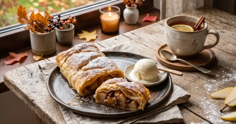 Eine gemütliche Aufnahme im breiten Banner-Format: Auf einem dunklen Teller liegt ein mit Puderzucker bestreuter Birnenstrudel samt einer abgeschnittenen Scheibe, die die Füllung aus Birnenstücken und Rosinen zeigt, serviert mit einer Kugel Vanilleeis. Auf dem rustikalen Holztisch daneben steht eine dampfende Tasse Tee mit Zitronenscheibe und Zimtstange, während im Hintergrund auf der Fensterbank eine kleine Kerze brennt und Herbstlaub zu sehen ist.