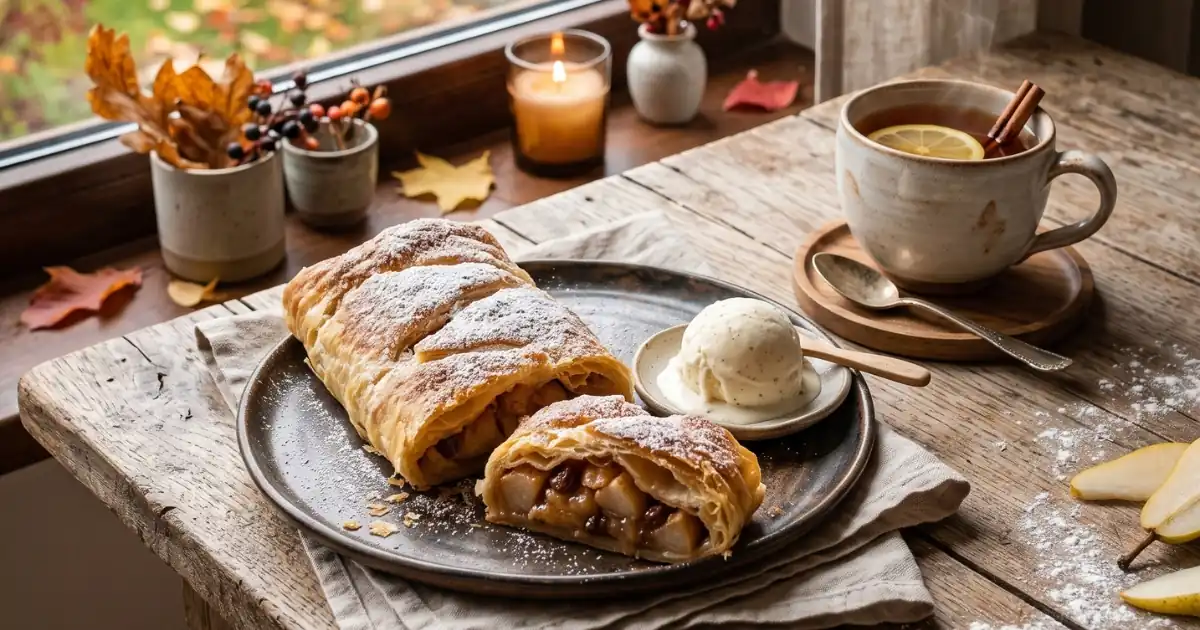 Eine gemütliche Aufnahme im breiten Banner-Format: Auf einem dunklen Teller liegt ein mit Puderzucker bestreuter Birnenstrudel samt einer abgeschnittenen Scheibe, die die Füllung aus Birnenstücken und Rosinen zeigt, serviert mit einer Kugel Vanilleeis. Auf dem rustikalen Holztisch daneben steht eine dampfende Tasse Tee mit Zitronenscheibe und Zimtstange, während im Hintergrund auf der Fensterbank eine kleine Kerze brennt und Herbstlaub zu sehen ist.