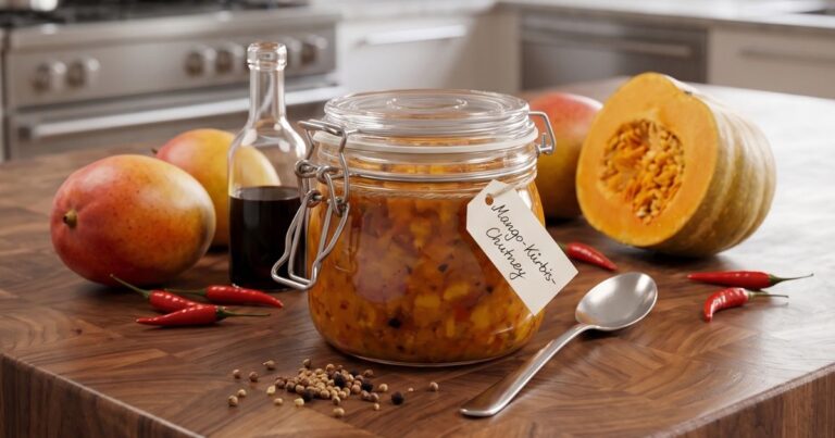 Ein verschlossenes Bügelglas gefüllt mit gelb-orangefarbenem Chutney steht auf einer hölzernen Arbeitsplatte. Am Drahtverschluss hängt ein Schildchen mit der handgeschriebenen Aufschrift „Mango-Kürbis-Chutney“. Neben dem Glas liegen zwei ganze Mangos, eine halbierte Kürbishälfte, kleine rote Chilischoten, ein Silberlöffel, eine kleine Glasflasche mit dunkler Flüssigkeit sowie verstreute Gewürzkörner. Im unscharfen Hintergrund ist eine helle, moderne Küche zu sehen.