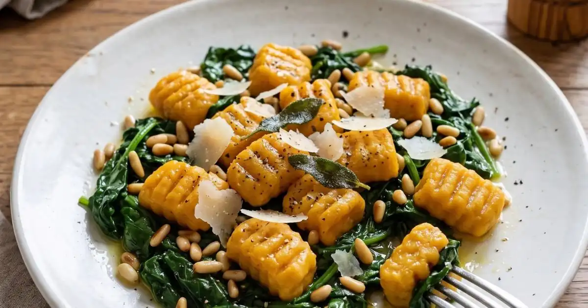 Eine Fotografie aus der Vogelperspektive auf einen weißen Teller, belegt mit orangefarbenen Kürbis-Gnocchi auf einem Bett aus geschmortem Blattspinat. Das Gericht ist mit gerösteten Pinienkernen, gehobeltem Parmesan und frittierten Salbeiblättern bestreut. Unten rechts steckt eine Silbergabel in einem der Gnocchi. Im unscharfen Hintergrund auf dem Holztisch befinden sich ein Glas Weißwein, eine Holzgewürzmühle und ein Leinentuch.