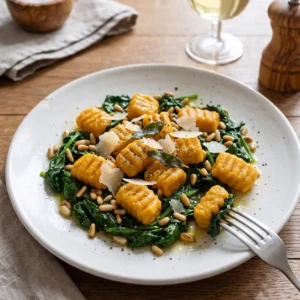 Eine Fotografie aus der Vogelperspektive auf einen weißen Teller, belegt mit orangefarbenen Kürbis-Gnocchi auf einem Bett aus geschmortem Blattspinat. Das Gericht ist mit gerösteten Pinienkernen, gehobeltem Parmesan und frittierten Salbeiblättern bestreut. Unten rechts steckt eine Silbergabel in einem der Gnocchi. Im unscharfen Hintergrund auf dem Holztisch befinden sich ein Glas Weißwein, eine Holzgewürzmühle und ein Leinentuch.
