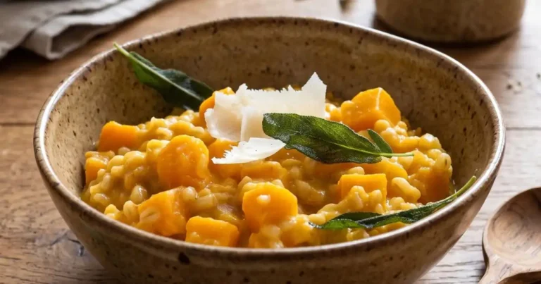 Eine rustikale Keramikschüssel auf einem Holztisch, gefüllt mit cremigem, gelb-orangefarbenem Kürbis-Graupen-Risotto und weichen Kürbiswürfeln. Das Gericht ist mit dunklen Salbeiblättern und gehobeltem Käse garniert. Rechts neben der Schüssel liegt ein Holzlöffel; im unscharfen Hintergrund befinden sich ein kleiner Tonkrug sowie eine weitere Schale auf einem Stofftuch.