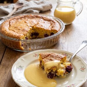 Ein rustikaler Holztisch mit einem frisch gebackenen Kirsch-Clafoutis und einer Portion auf einem Teller. Im Vordergrund liegt ein Stück des goldbraunen, schwammigen Kuchens, gefüllt mit dunklen Kirschen, auf einem Porzellanteller mit Vintage-Blumenmuster. Eine großzügige Menge cremiger, gelber Vanillesauce fließt um das Kuchenstück, und ein silberner Dessertlöffel hebt einen Bissen an, der die Vanillesauce, den Kuchen und eine ganze Kirsche zeigt. Hinter dem Teller befindet sich eine runde, geriffelte Glasauflaufform mit dem Rest des gebackenen Clafoutis, aus dem bereits ein großes Stück herausgeschnitten wurde, um das feuchte Innere voller Kirschen zu enthüllen. Im Hintergrund steht rechts ein kleiner Glaskrug, gefüllt mit der Vanillesauce, und links liegt eine gefaltete graue Leinenkserviette mit einem hölzernen Servierlöffel, alles auf der verwitterten Holzoberfläche mit sichtbarer Maserung.