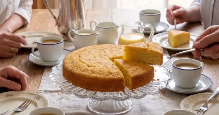 Eine saftige, goldgelbe Kartoffeltorte steht auf einer gläsernen Tortenplatte im Zentrum einer gemütlichen Kaffeetafel. Eine Hand hebt mit einem Tortenheber gerade ein herausgeschnittenes Stück der Torte an. Auf dem hölzernen Esstisch mit bestickter Tischwäsche stehen mehrere Kaffeetassen mit blauem Rand, weiße Teller mit zartem Blumendekor, Kuchengabeln, eine silberne Kaffeekanne sowie kleine Kännchen für Milch und Sauce. Links und rechts sitzen Personen am Tisch vor einem hellen Fenster im Hintergrund.