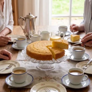 Eine saftige, goldgelbe Kartoffeltorte steht auf einer gläsernen Tortenplatte im Zentrum einer gemütlichen Kaffeetafel. Eine Hand hebt mit einem Tortenheber gerade ein herausgeschnittenes Stück der Torte an. Auf dem hölzernen Esstisch mit bestickter Tischwäsche stehen mehrere Kaffeetassen mit blauem Rand, weiße Teller mit zartem Blumendekor, Kuchengabeln, eine silberne Kaffeekanne sowie kleine Kännchen für Milch und Sauce. Links und rechts sitzen Personen am Tisch vor einem hellen Fenster im Hintergrund.