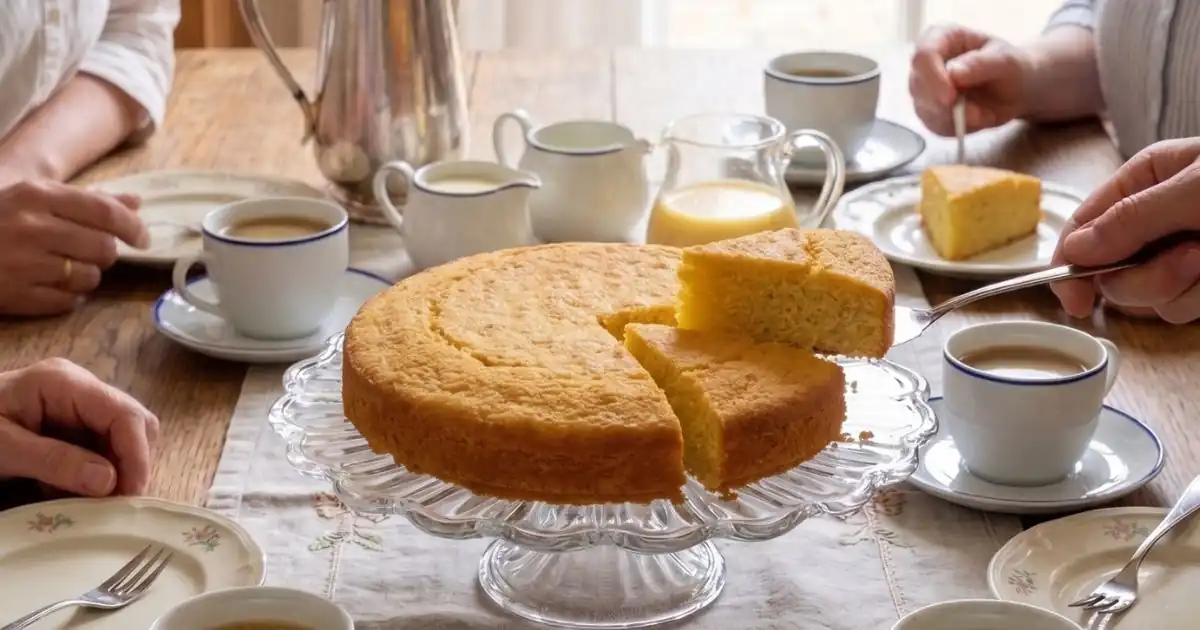 Eine saftige, goldgelbe Kartoffeltorte steht auf einer gläsernen Tortenplatte im Zentrum einer gemütlichen Kaffeetafel. Eine Hand hebt mit einem Tortenheber gerade ein herausgeschnittenes Stück der Torte an. Auf dem hölzernen Esstisch mit bestickter Tischwäsche stehen mehrere Kaffeetassen mit blauem Rand, weiße Teller mit zartem Blumendekor, Kuchengabeln, eine silberne Kaffeekanne sowie kleine Kännchen für Milch und Sauce. Links und rechts sitzen Personen am Tisch vor einem hellen Fenster im Hintergrund.