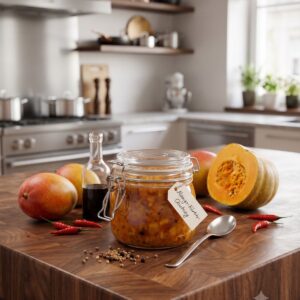 Ein verschlossenes Bügelglas gefüllt mit gelb-orangefarbenem Chutney steht auf einer hölzernen Arbeitsplatte. Am Drahtverschluss hängt ein Schildchen mit der handgeschriebenen Aufschrift „Mango-Kürbis-Chutney“. Neben dem Glas liegen zwei ganze Mangos, eine halbierte Kürbishälfte, kleine rote Chilischoten, ein Silberlöffel, eine kleine Glasflasche mit dunkler Flüssigkeit sowie verstreute Gewürzkörner. Im unscharfen Hintergrund ist eine helle, moderne Küche zu sehen.