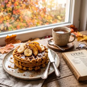 Ein Stapel golden gebackener Kürbis-Zimt-Waffeln auf einem Keramikteller, garniert mit Bananenscheiben, karamellisierten Apfelspalten, gehackten Nüssen und Ahornsirup, angerichtet mit Silberbesteck auf einem Leinentuch. Neben dem Teller steht eine Tasse dampfender Tee auf einem Holzuntersetzer sowie das aufgeschlagene Buch „LYKKE – Buch meets Genuss“ mit der Rezeptseite für die Waffeln. Die gemütliche Szene ist auf einem rustikalen Holztisch vor einem Fenster mit Blick auf buntes Herbstlaub arrangiert.